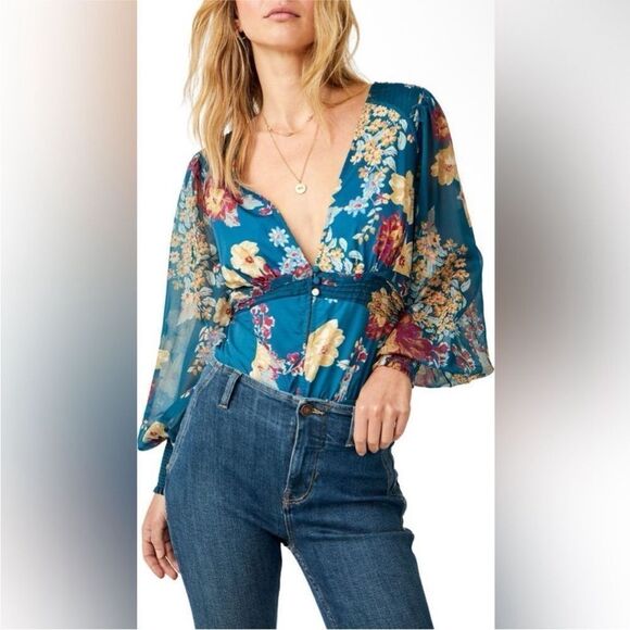 Free People NWT Wanderlust Floral Print Bodysuit in Jade Combo Size Small - Picture 1 of 6